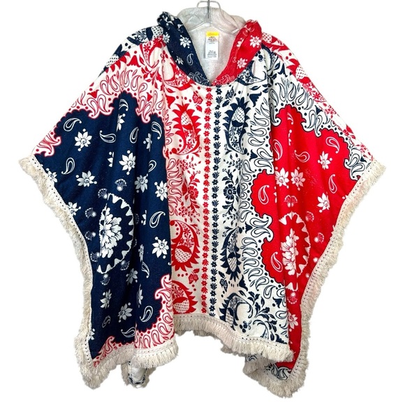 Agua Bendita, Women’s ‘Delailah’ Towel Poncho Cover-Up Paisley Blue/Red One Size - Picture 4 of 17